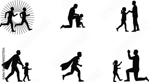 Father and child silhouette family bonding, superhero dad holding hands, parenting love, fatherhood care illustration set for family concept