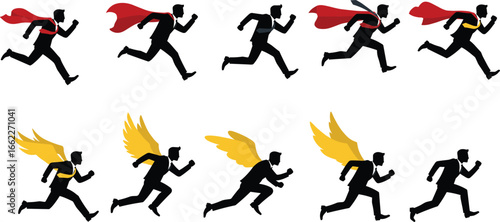Businessman running superhero silhouette with red cape and golden wings, success motivation concept, leadership ambition achievement business illustration set