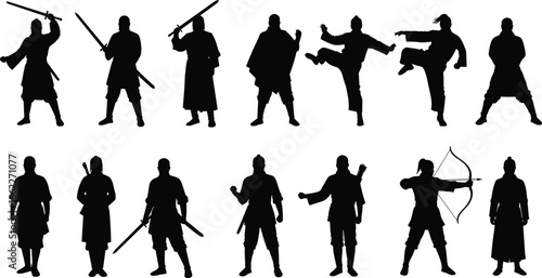Samurai warrior silhouettes with swords, archers, and martial arts poses, traditional Japanese fighter illustration set for design and vector art