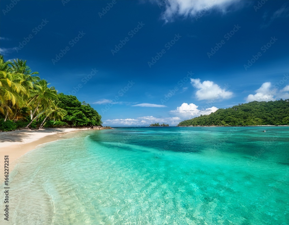 Fototapeta premium serene tropical beach with clear water and lush greenery