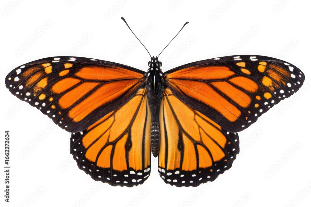 Fototapeta premium A detailed close up view of a vibrant orange monarch butterfly with black veins and white spots isolated on transparent background