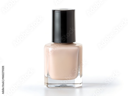 Beige nail polish bottle with black cap, isolated on white background