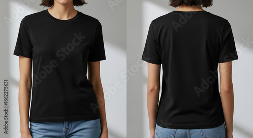 Commercial Use Black T-Shirt Template with Female Model