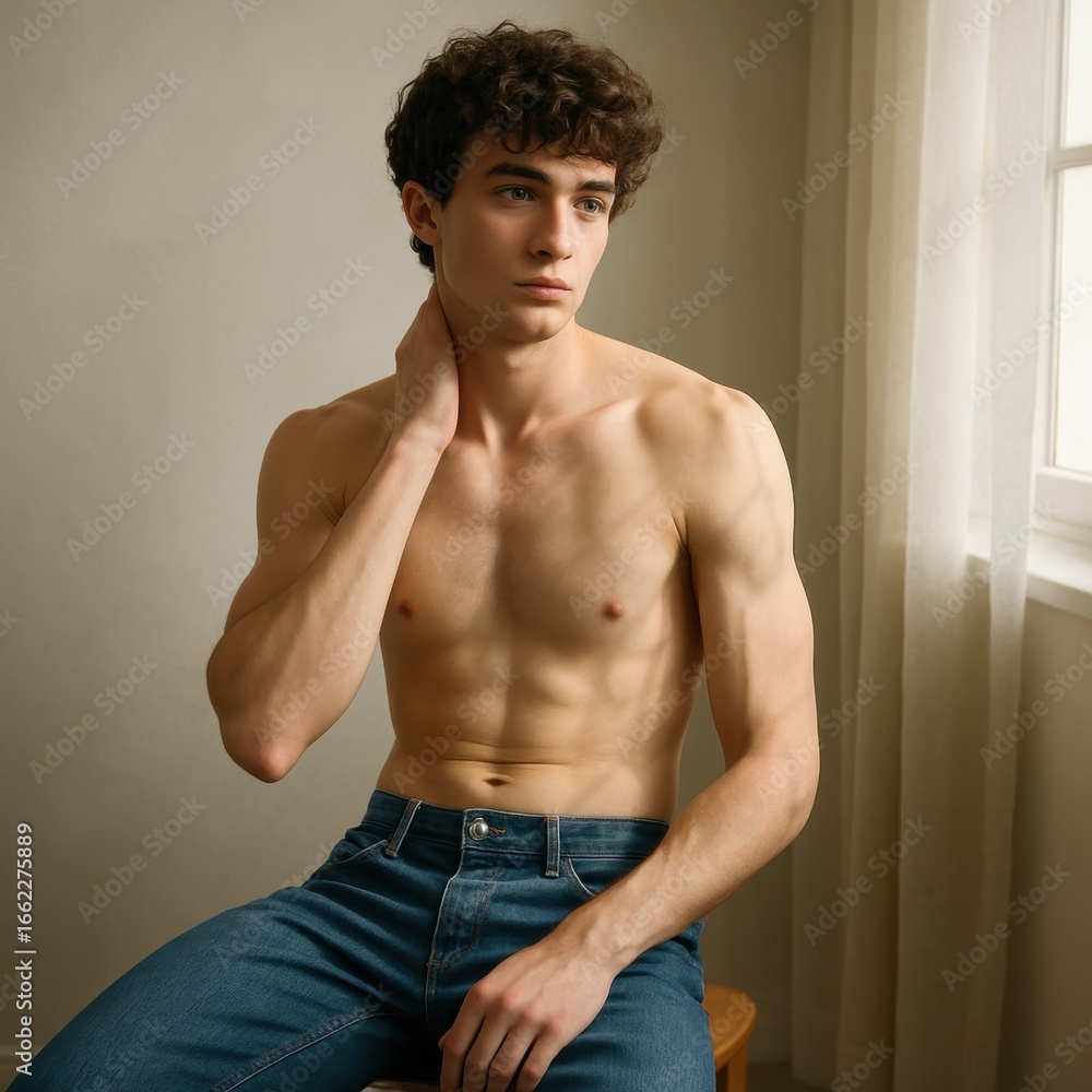 Fototapeta premium Young caucasian male sitting by window in jeans, contemplative pose