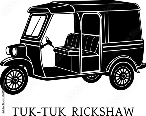 A three-wheeled tuk-tuk rickshaw, traditional design, isolated on white background, Vector engraved style illustration for posters, decoration and print. Hand drawn sketch of thai tuk tuk transport. 