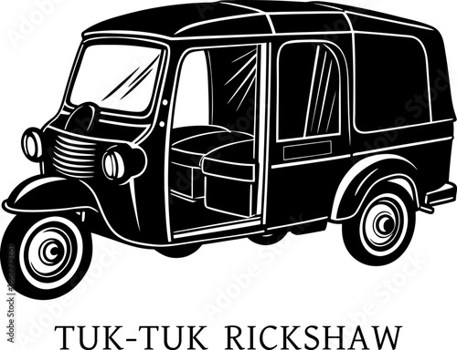 A three-wheeled tuk-tuk rickshaw, traditional design, isolated on white background, Vector engraved style illustration for posters, decoration and print. Hand drawn sketch of thai tuk tuk transport. 