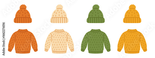 Vector set of knitted hats and sweaters in various colors. Cozy warm winter clothing collection in flat style. Handmade wool apparel illustration. Cute colorful warm knitted clothes.