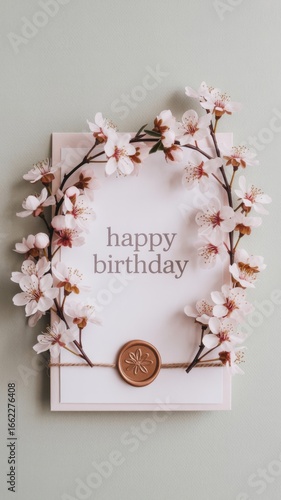 Elegant Spring Birthday Card: Blossom Wreath, Wax Seal, Minimalist Design