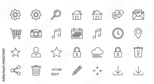 Collection of simple line icons depicting various web and app functionalities.