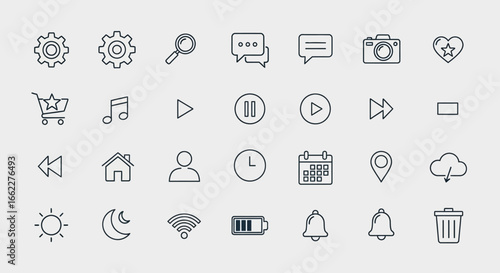 Collection of outlined icons representing various symbols and functions, commonly used for digital interfaces.