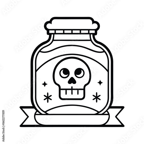 Whimsical candy jar with a spooky skull label detailed line art