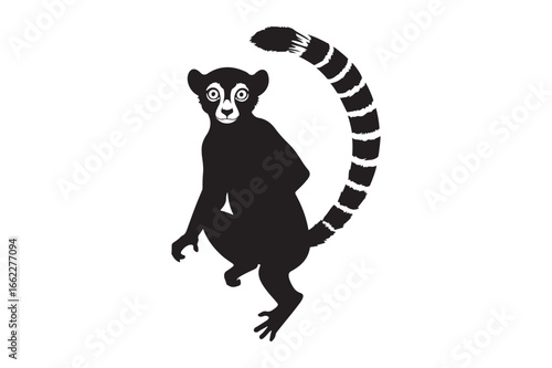 Black silhouette of a ring-tailed lemur with striking white and black striped tail in a dynamic pose