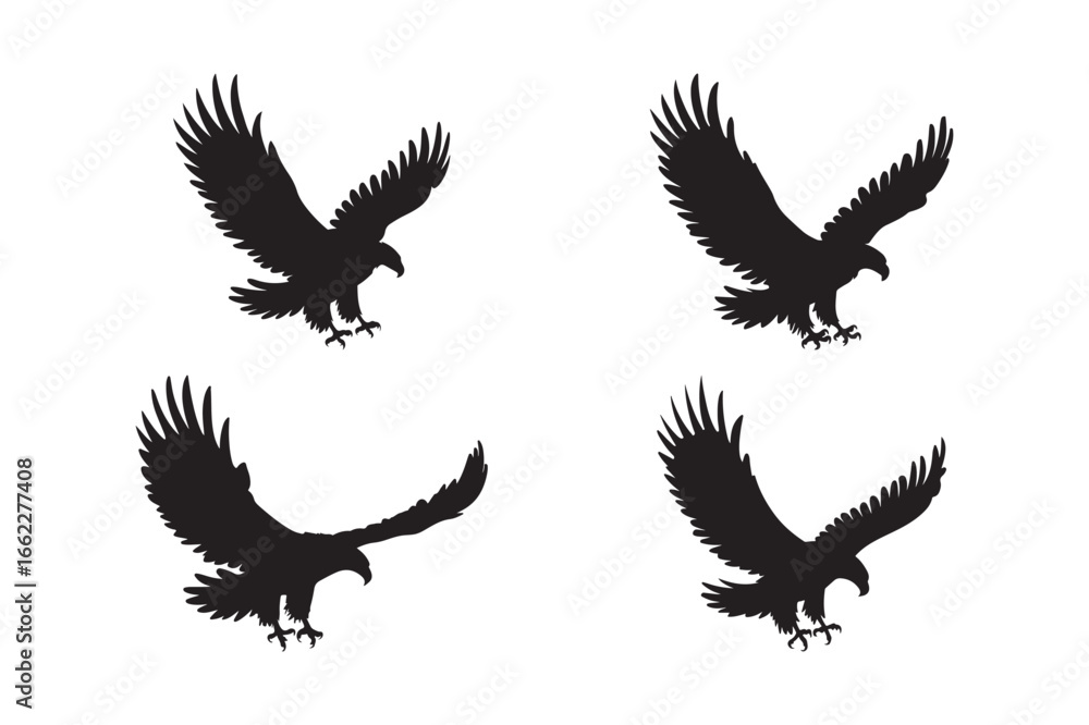 Dynamic eagle silhouettes capturing majestic flight and hunting poses set Dynamic eagle silhouettes capturing majestic flight and hunting poses set