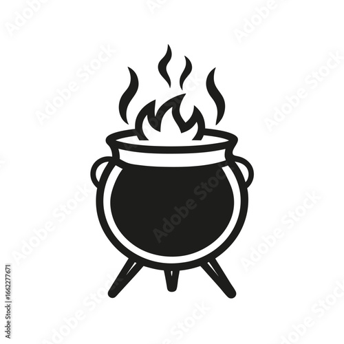 Line art illustration of a medieval cauldron with flames emanating from below on a white background