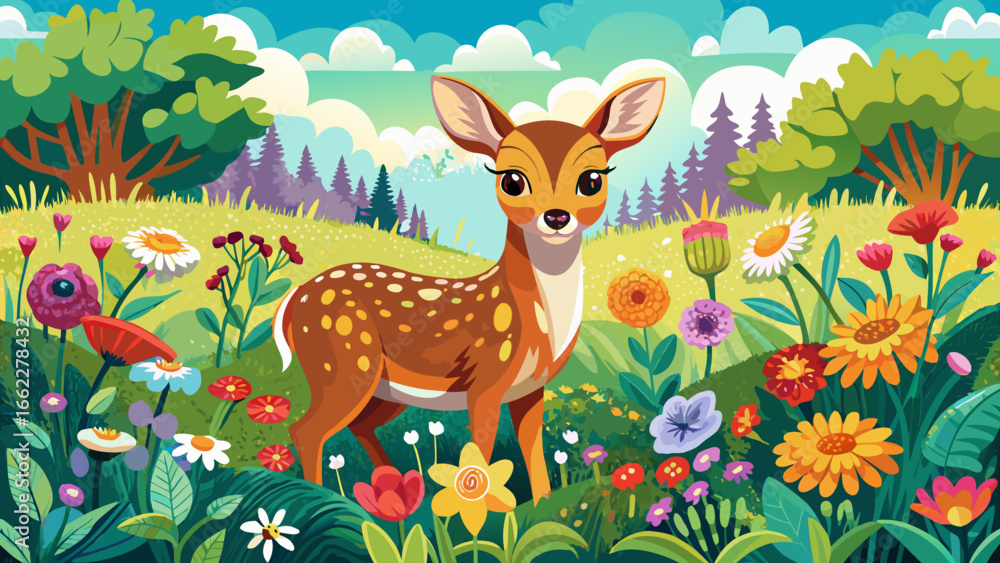 Fawn resting in vibrant wildflower meadow, delicate blossoms surrounding tender form, soft sunlight casting warmth, peaceful serenity unfolding, realistic vector artistry highlighting innocence, gentl