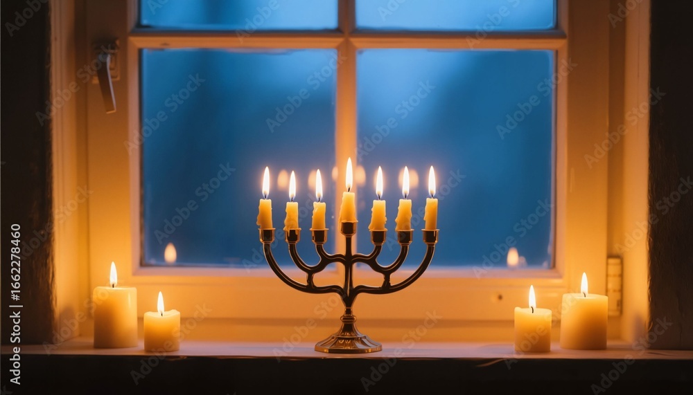 Fototapeta premium Menorah with lit candles on windowsill during winter evening 