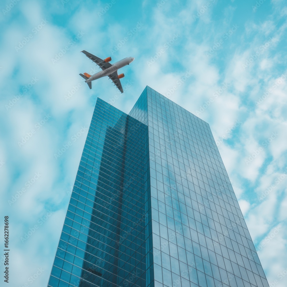 Obraz premium Modern Glass Skyscraper and Airplane Soaring Through Blue Sky: Travel, Business, Success Concept