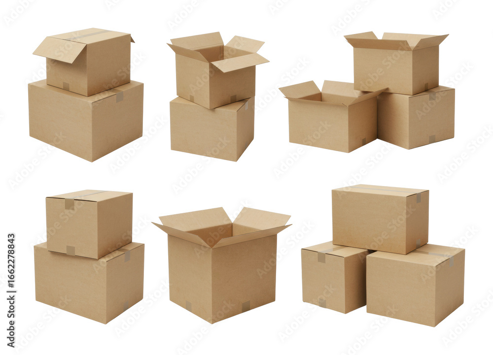 Fototapeta premium Packaging solutions cardboard box stacks warehouse product indoor top-down logistics concept. Cut out PNG