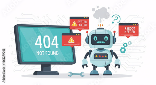 404 Not Found Error Concept with Confused Robot and System Failure Warning Illustration
