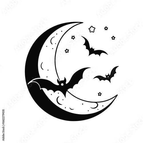 Stylized crescent moon with silhouette bats flying line art illustration