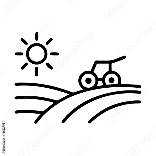 Farming tractor working in a sunny field during the day with rolling hills and bright sun overhead