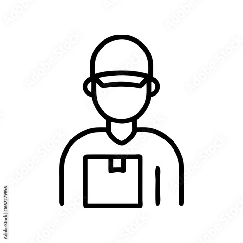 Delivery person wearing a cap and uniform holds  package , deliveryman icon 