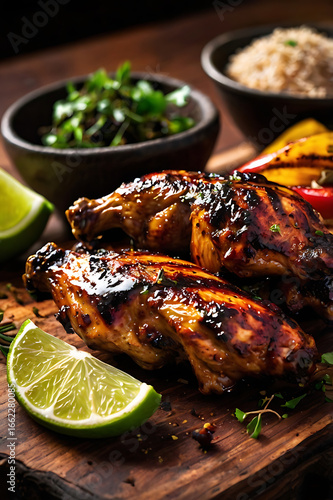 traditional Caribbean dish  Jerk Chicken. Grilled chicken pieces coated with dark, smoky jerk seasoning, and a spicy glaze. Island authentic recipes. Trendy island food. Unusual chicken recipes. 