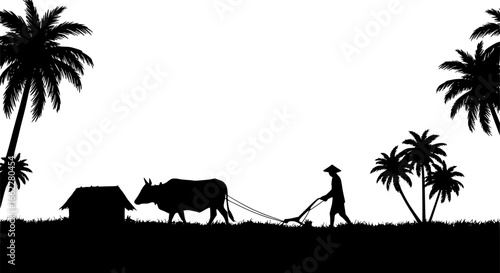 Silhouette of a farmer plowing a field with an ox near a hut and palm trees in black and white style