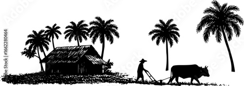 Silhouette of a farmer plowing a field with an ox near a hut and palm trees in black and white style