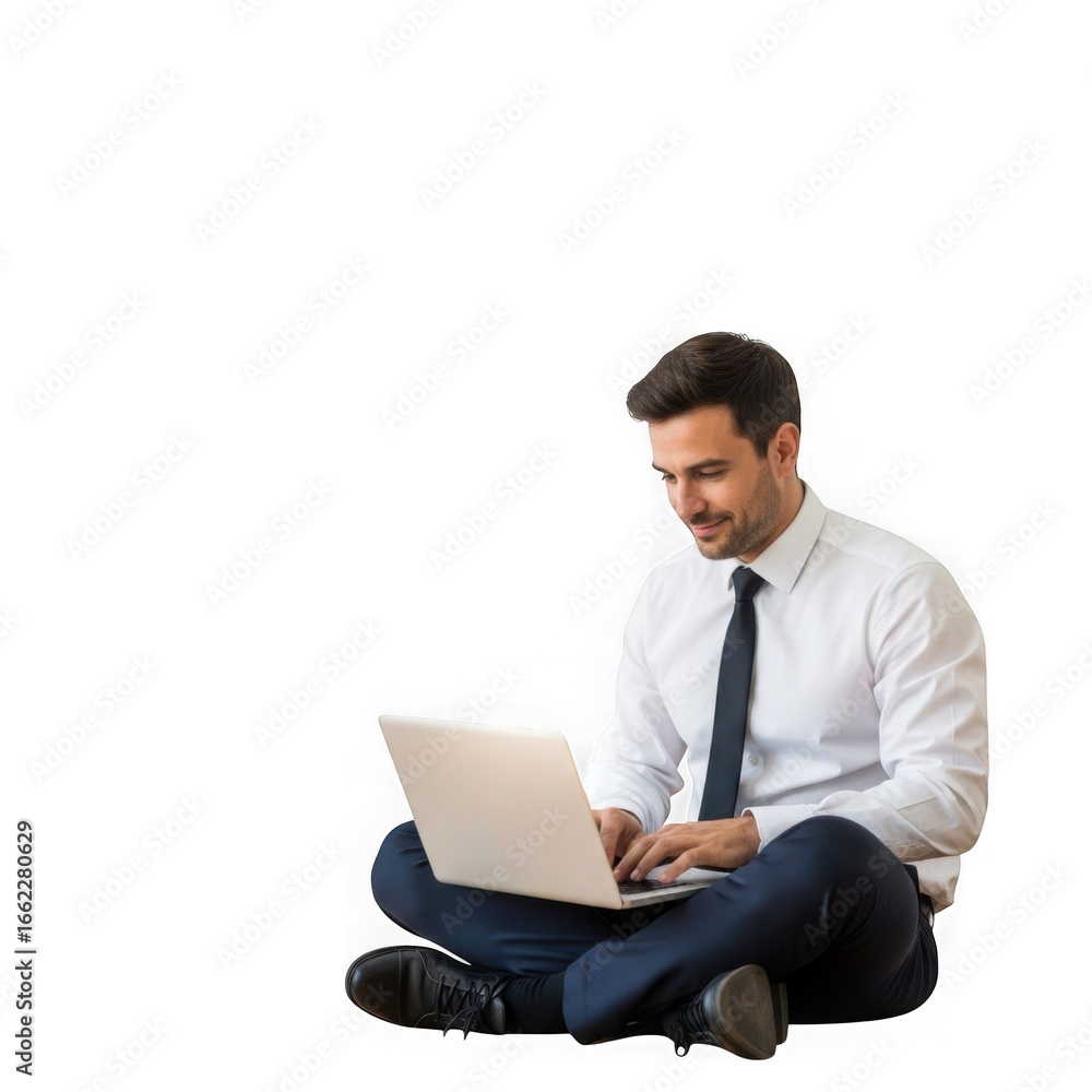 Focused businessman working on laptop computer seated on the floor in professional attire Focused businessman working on laptop computer seated on the floor in professional attire