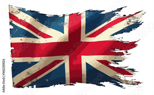 Vector design with decorative drawing of 
torn national United Kingdom flag 
is fluttering in wind isolated on transparent background. 
Fashion england t-shirt print for fabric, clothing.  