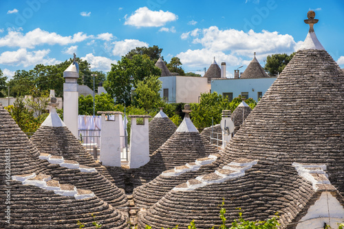 View over trulli rooftops in Alberobello, Italy.