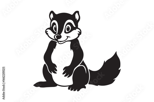 Adorable cartoon skunk character with bushy tail smiling happily sitting upright