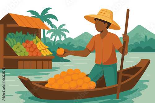 A saleswoman wearing a straw hat paddles a boat along the river to trade goods, exemplifying traditional Asian commerce