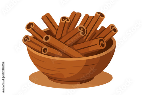 A brown ceramic bowl contains sticks of cinnamon, a fragrant spice and flavouring additive used in various dishes, depicted in a vector cartoon illustration on a white background for advertising