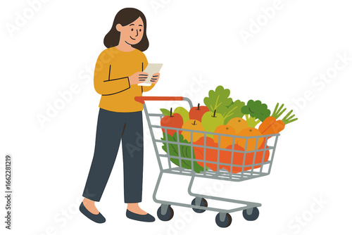 A character stands calmly beside a grocery cart brimming with food, meticulously checking their shopping list against the items selected, becomes: A character is standing calmly next to a grocery