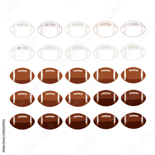 Collection of American Footballs Illustrating Different Stages of Design and Completion Featuring a Clear White Background for Versatile Use in Sports Marketing and Graphic Design Projects