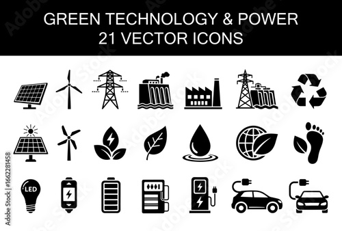 set of 21 renewable energy and electric icons, green technology, sustainable, electric industru, vector file