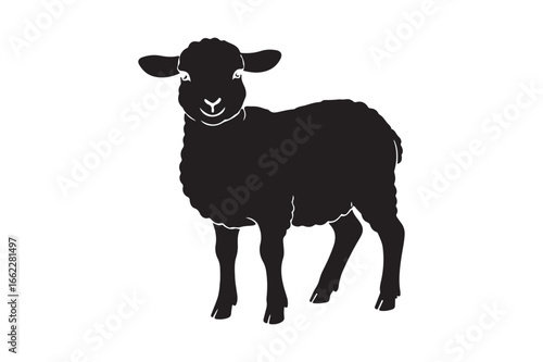 Black sheep silhouette standing calmly against a white backdrop in a simple style