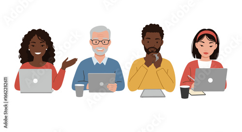 Diverse group of people collaborating and working together using laptops isolated on transparent background