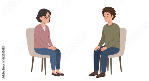 Two people sitting on chairs talking about their feelings isolated on transparent background