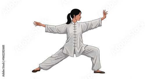 Graceful Asian Woman Practicing Tai Chi Movement with Calm Energy Isolated on Transparent Background