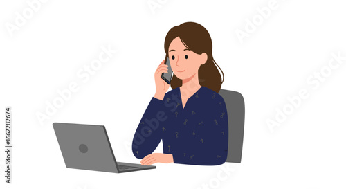 Smiling Woman Talking on Phone at Laptop Computer Working from Home Isolated on Transparent Background