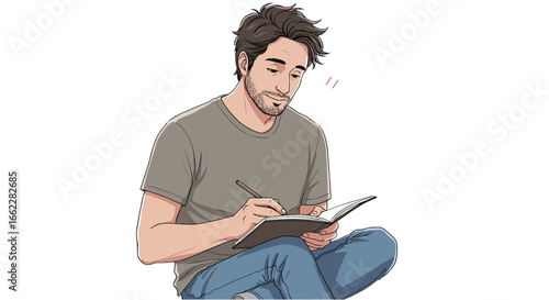 Man Sitting Cross-legged Writing in Notebook Concentrating Deeply Focused Creative Process Isolated on Transparent Background