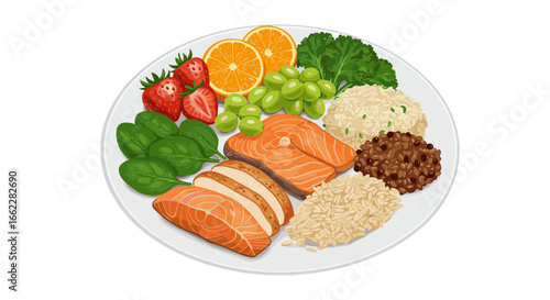Healthy Meal Plate With Salmon Chicken Grains Fruits Vegetables Isolated On Transparent Background