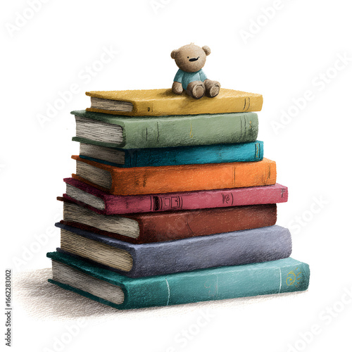 Teddy Bear on Stack of Books Illustration - Education, Learning, Childhood, and Imagination (Watercolor Style)
