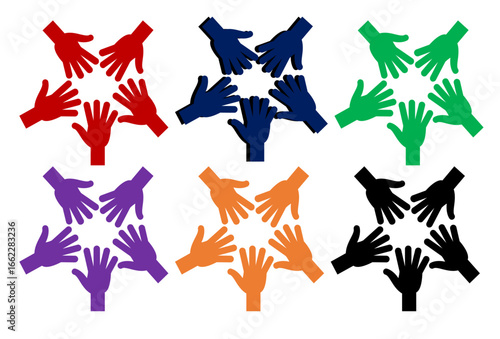 Teamwork and Community Support Vector Illustration. Flat vector illustration showing five hands in a circle. This icon represents collaboration, diversity, social unity, and community support. 
