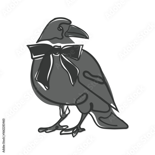 Hand drawn vector illustration of a raven with a bow. Unique line art design in a simple sketch style, perfect for creative projects, prints, posters, tattoos, stickers, and digital artwork.