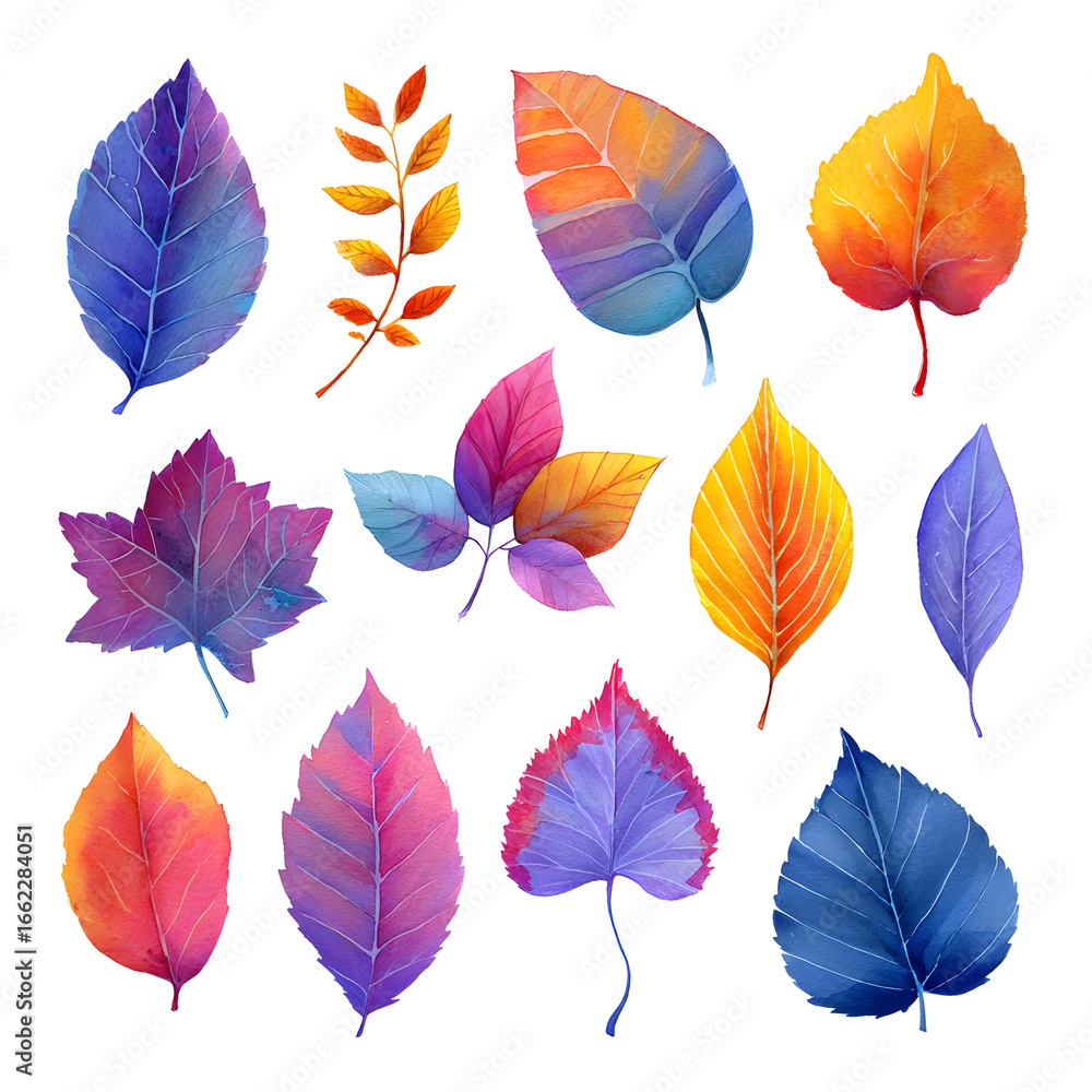 Obraz premium Watercolor Autumn Leaves Collection - Colorful Fall Foliage Illustration on White Background