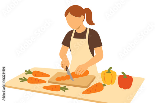 A lone woman in isolation prepares a meal using fresh ingredients, chopping vegetables such as tomatoes, carrots, and bell peppers with a sharp knife in her home kitchen, depicted in a flat vector